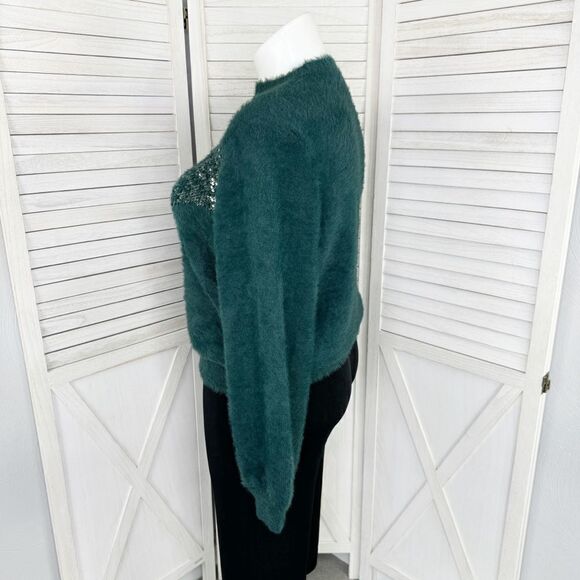 Nine West x Cara Santana Sweater Sequin Fuzzy Teal Green XXL Pullover - Picture 3 of 13